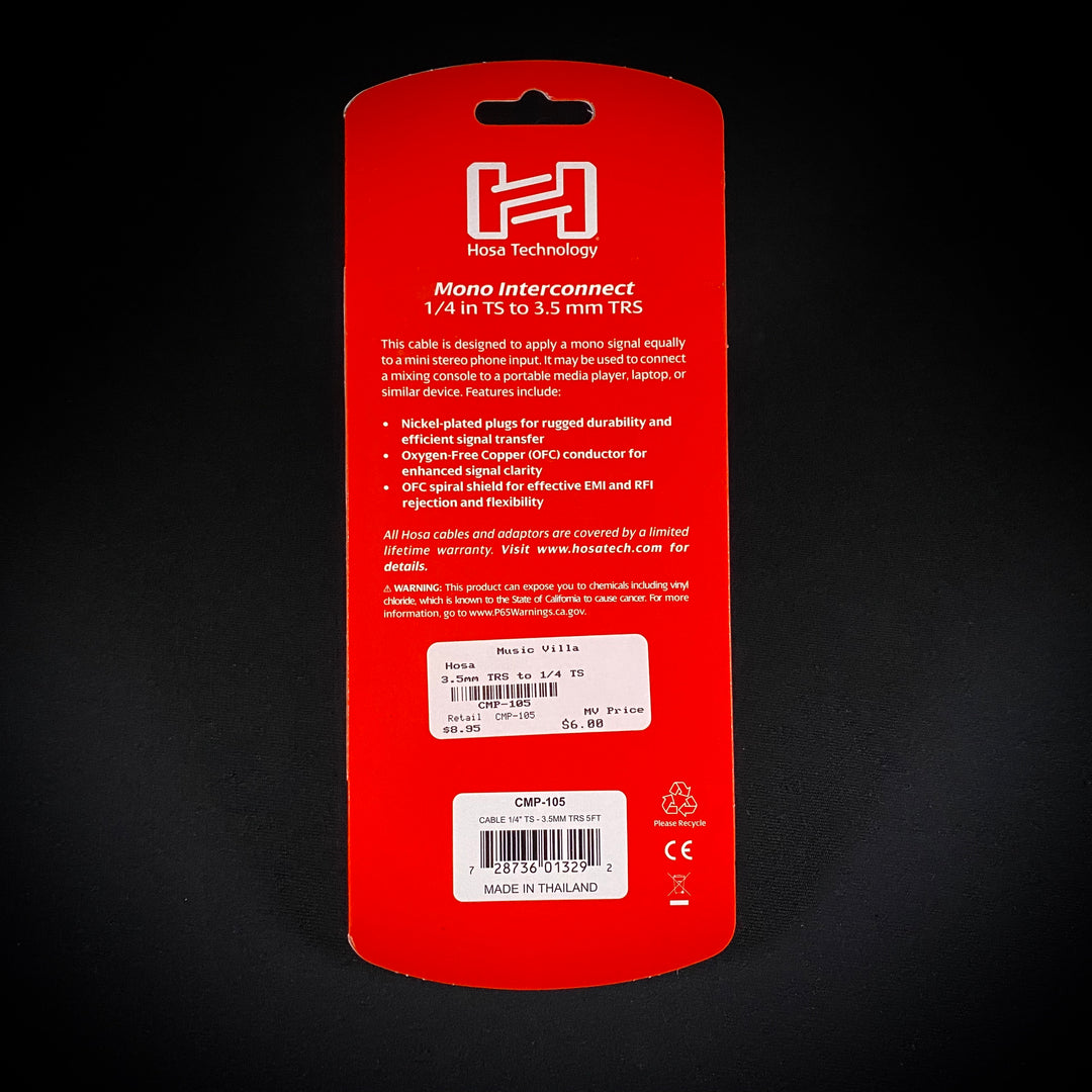 Hosa CPM-105 Mono Interconnect 1/4 in TS to 3.5 mm TRS 5'