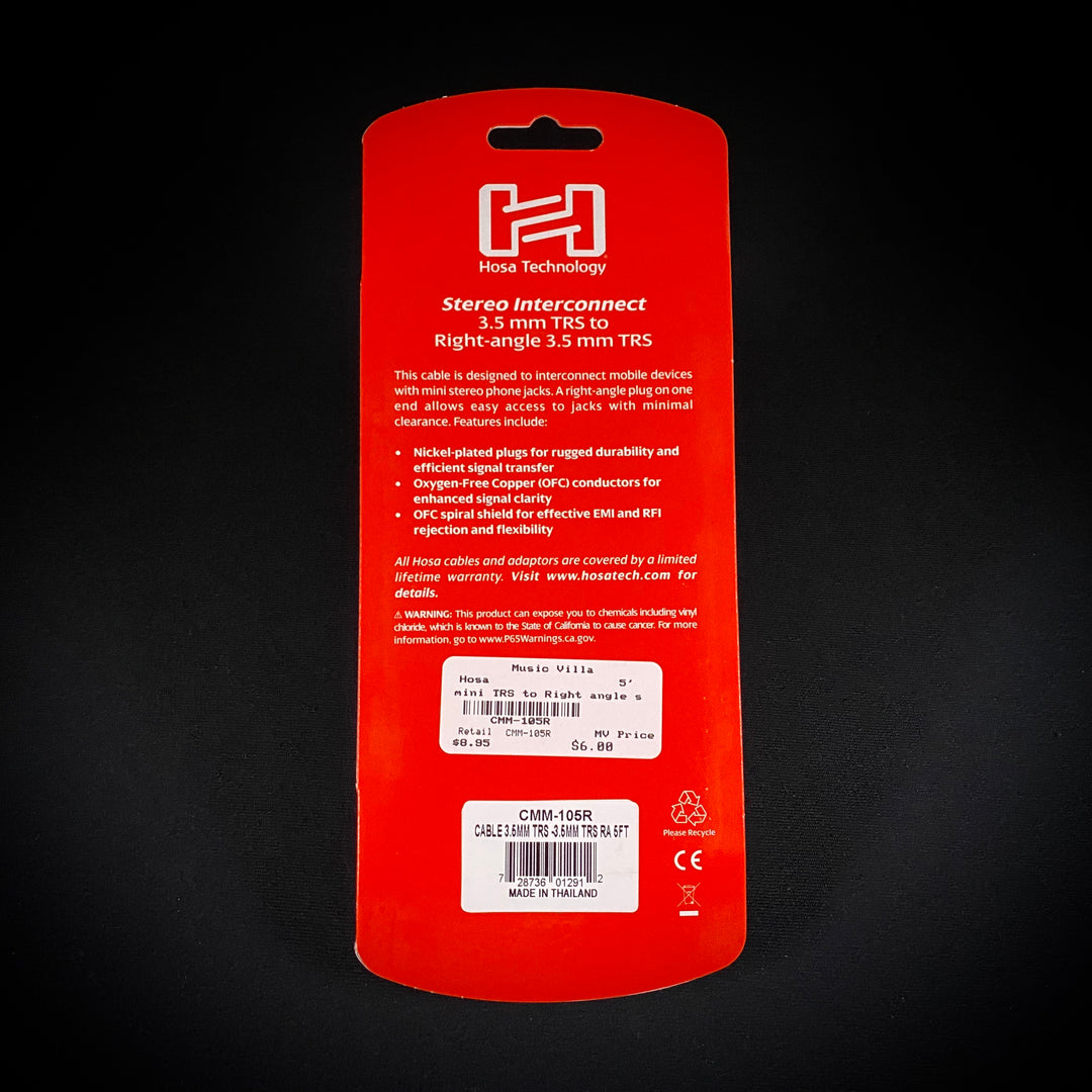 Hosa CMM-105R Stereo Interconnect 3.5 mm TRS to Right-angle 3.5 mm TRS 5'