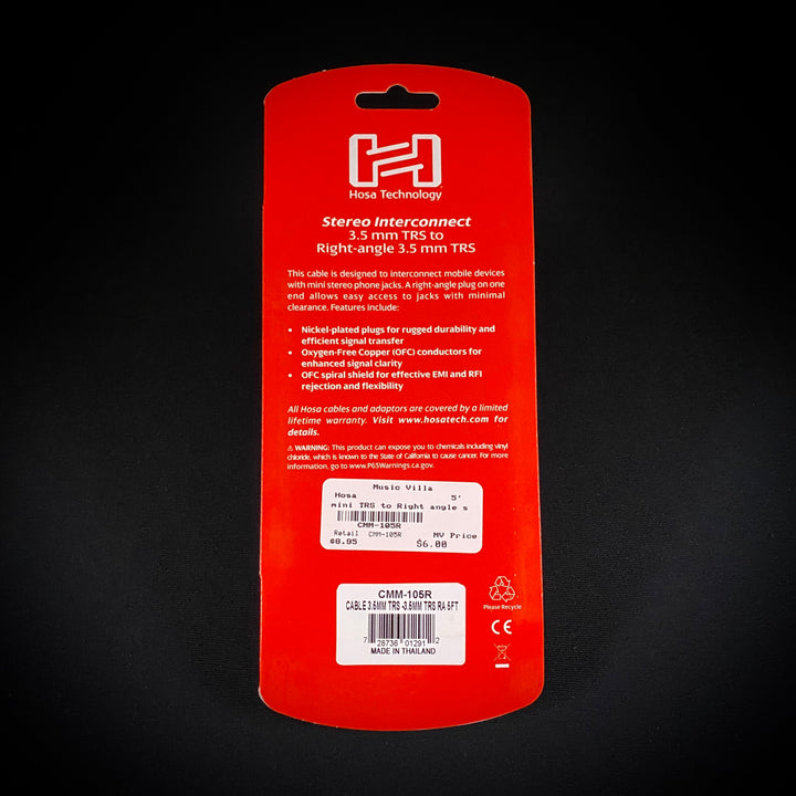 Hosa CMM-105R Stereo Interconnect 3.5 mm TRS to Right-angle 3.5 mm TRS 5'