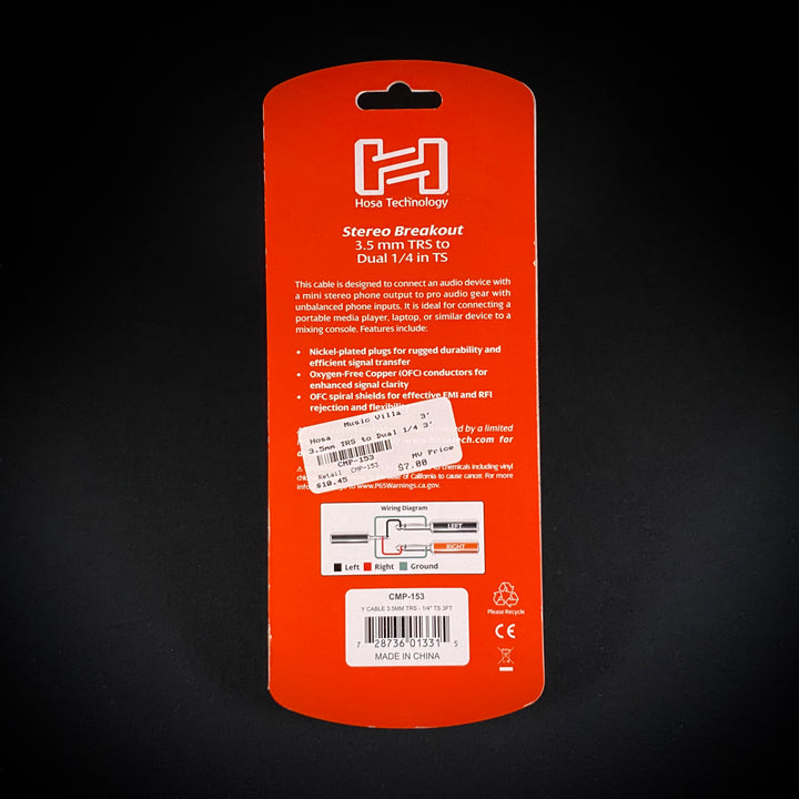 Hosa CMP-153 Stereo Breakout 3.5 mm TRS to Dual 1/4 in TS 3'
